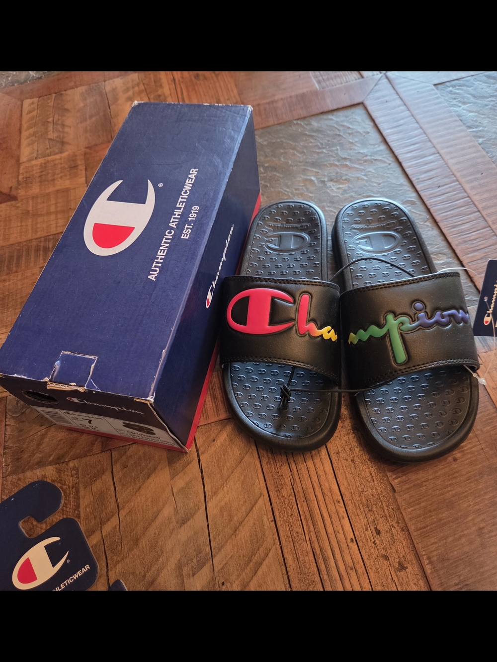 New Champion Super Slide Split Script Black Rainbow Slide Women's Sandals